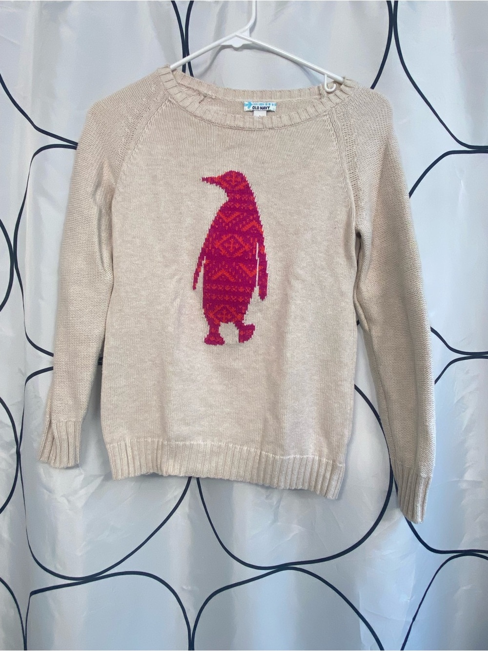 Old Navy Kids L (10-12) Cream Sweater with Pink/Red Penguin Graphic